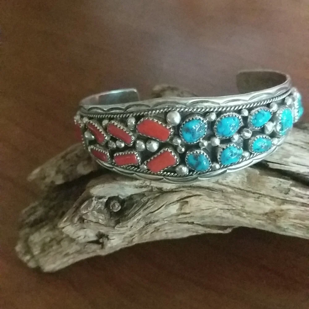 Native American Turquoise & Coral Stamped Cuff - Picture 4 of 10